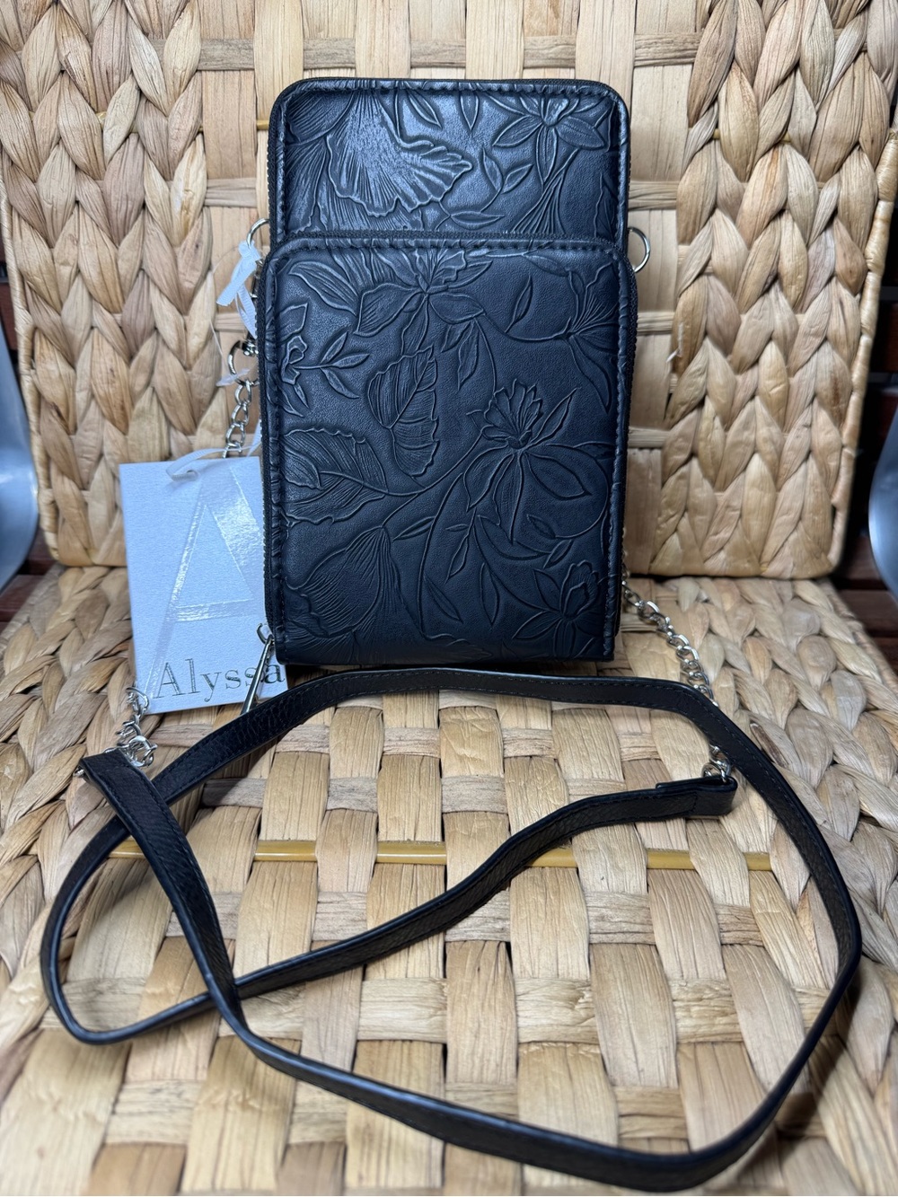 Black bag phone purse vegan leather floral embossed